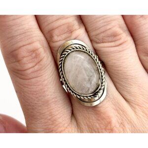 White Quartz Stone Southwest Style Silver T Adjustable Vintage Ring - sz 7